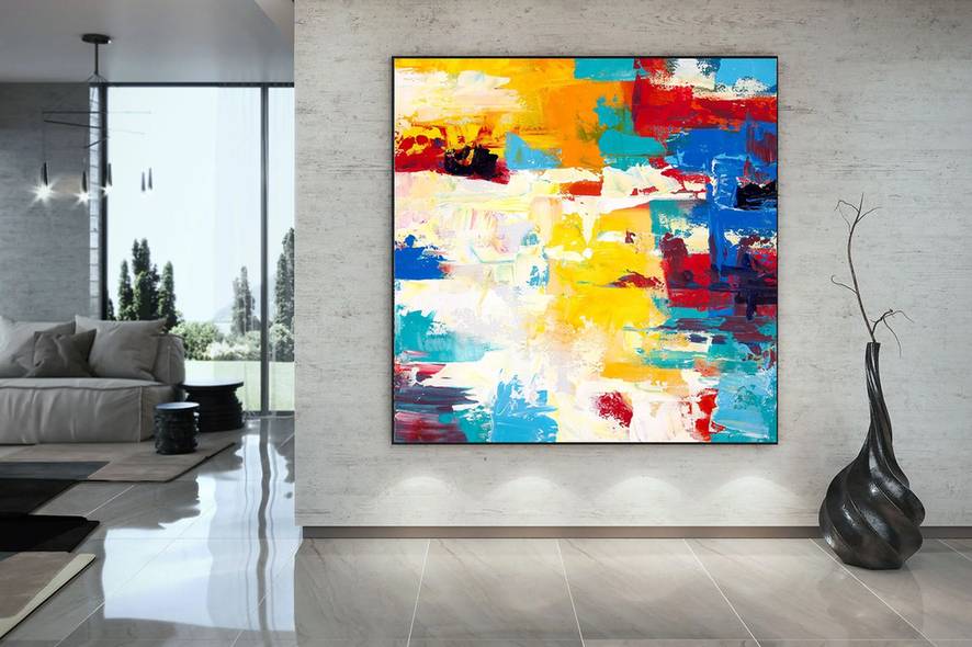 White Contemporary Yellow Abstract Canvas Artwork 6C0RJ wall art